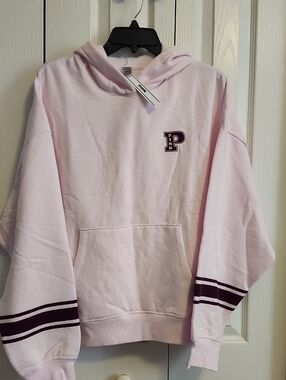 PINK Light Pink Hooded Sweatshirt with Maroon Stripes